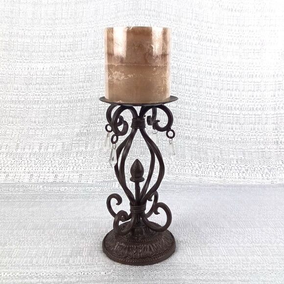 Rustic Tall Iron Candelabra With Crystals And Unopened New Candle - Picture 1 of 5
